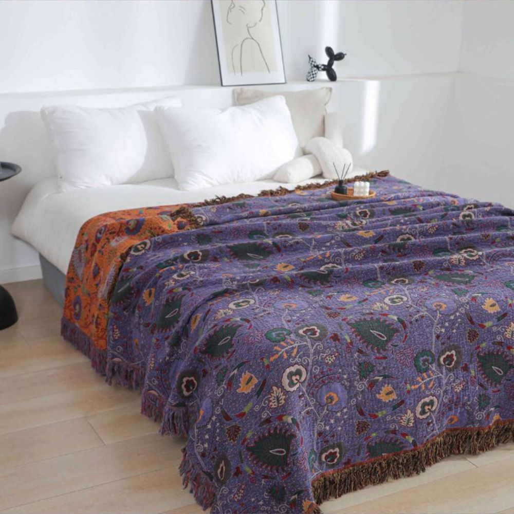 Peacock Pattern Cotton Tassel Throw Blanket
