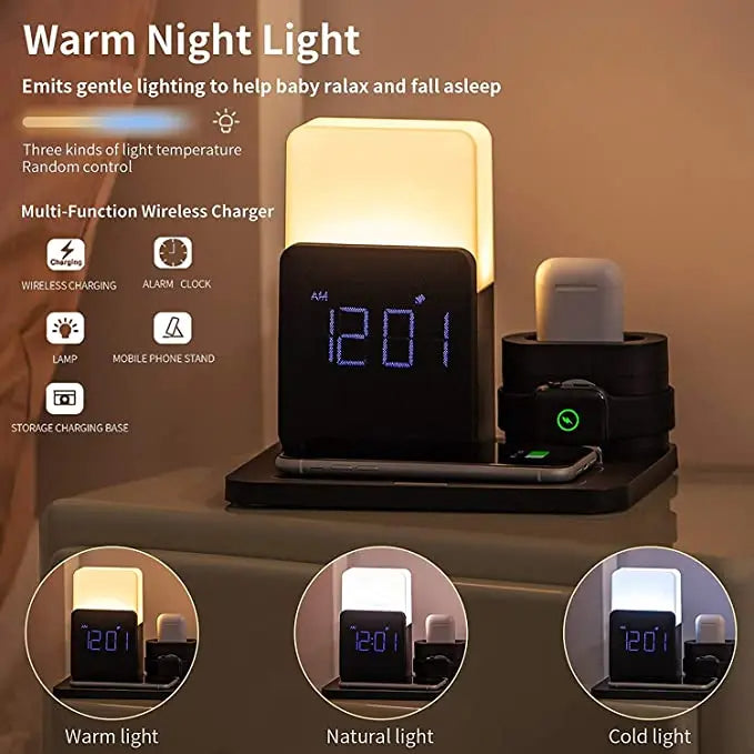 Multifunctional Wireless Charging Station with LED Lamp and Alarm Clock
