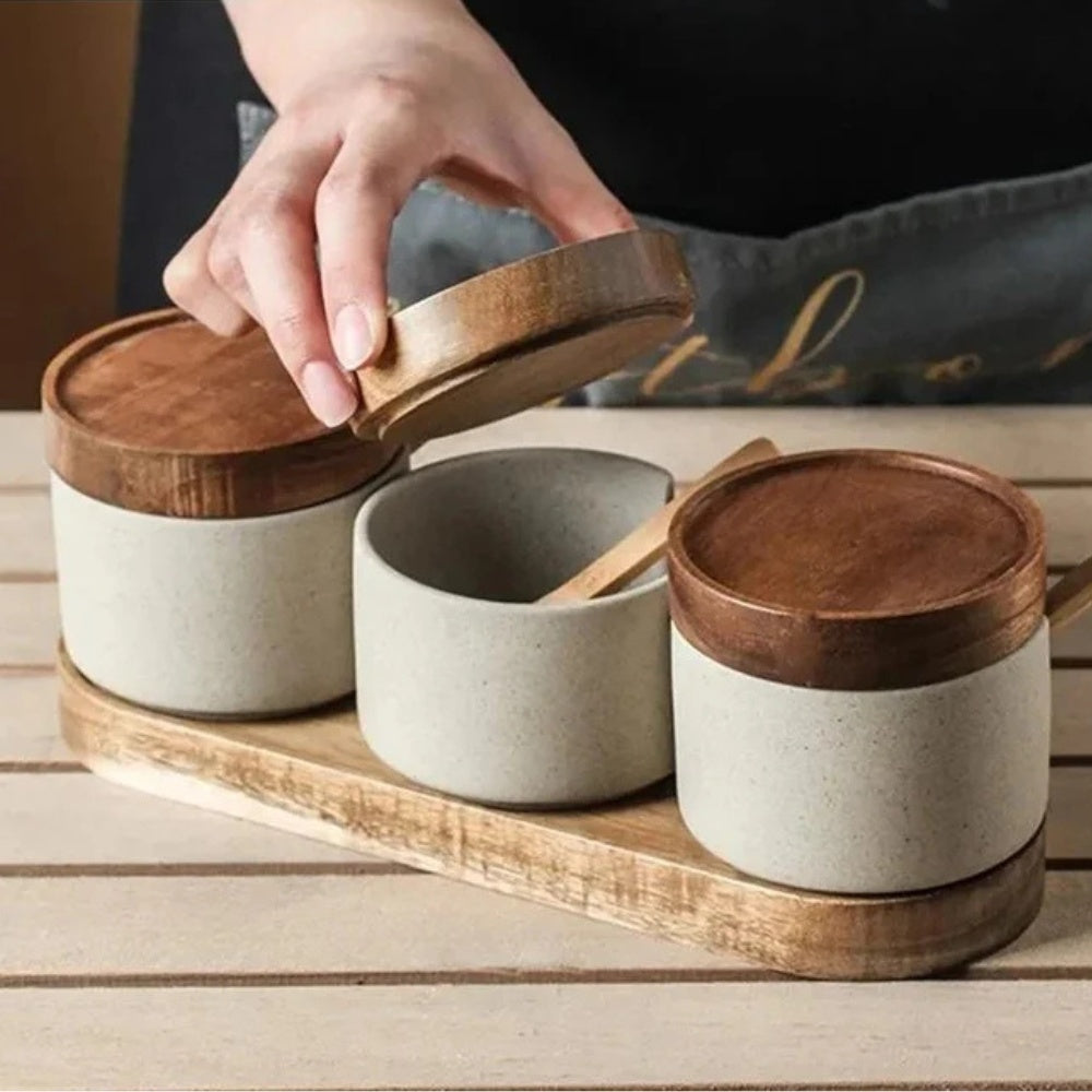 Ceramic Seasoning Jar Set with Wooden Lids