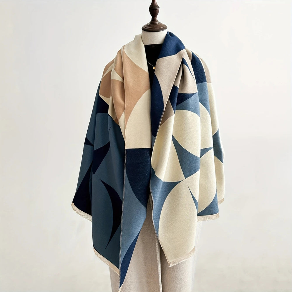 Reversible Geometric Color Block Poncho Scarf