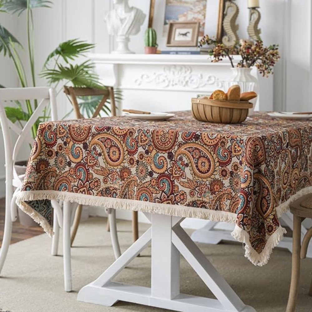 Amber Paisley Fringed Tablecloth