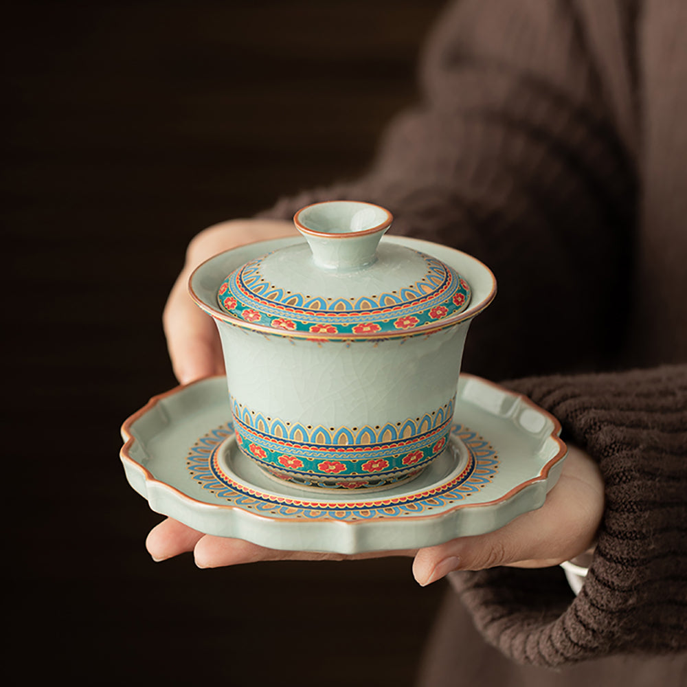 Sky Blue Ruyao Porcelain Gaiwan with Baoxiang Flower Motif