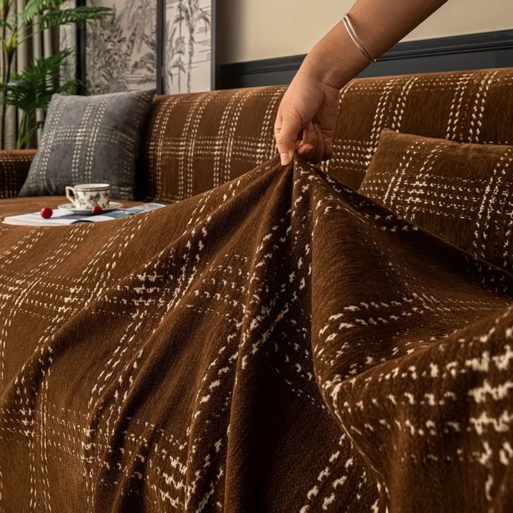 Chesterfield Plaid Chenille Sofa Cover with Anti-Slip Design