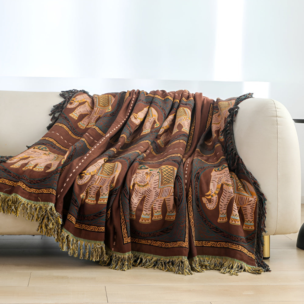 Elephant Print Cotton Gauze Tassel Blanket