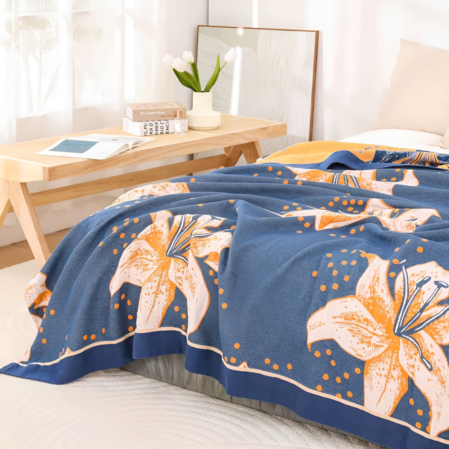 Floral Cotton Blanket with Lily Design