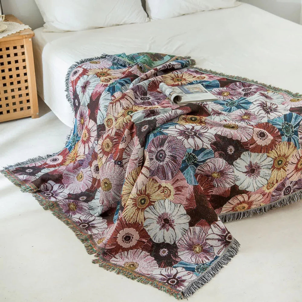 Vintage Floral Woven Blanket with Tassels