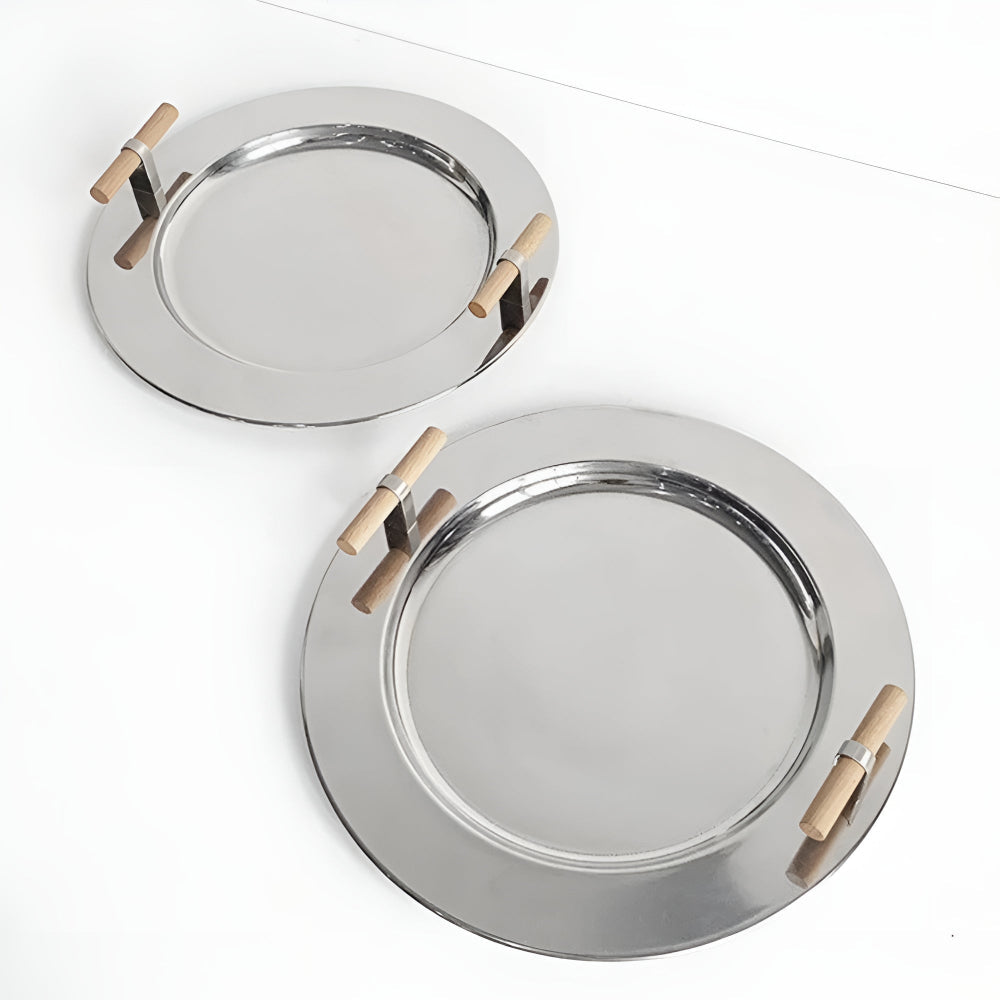 Stainless Steel Round Serving Tray with Wooden Handles