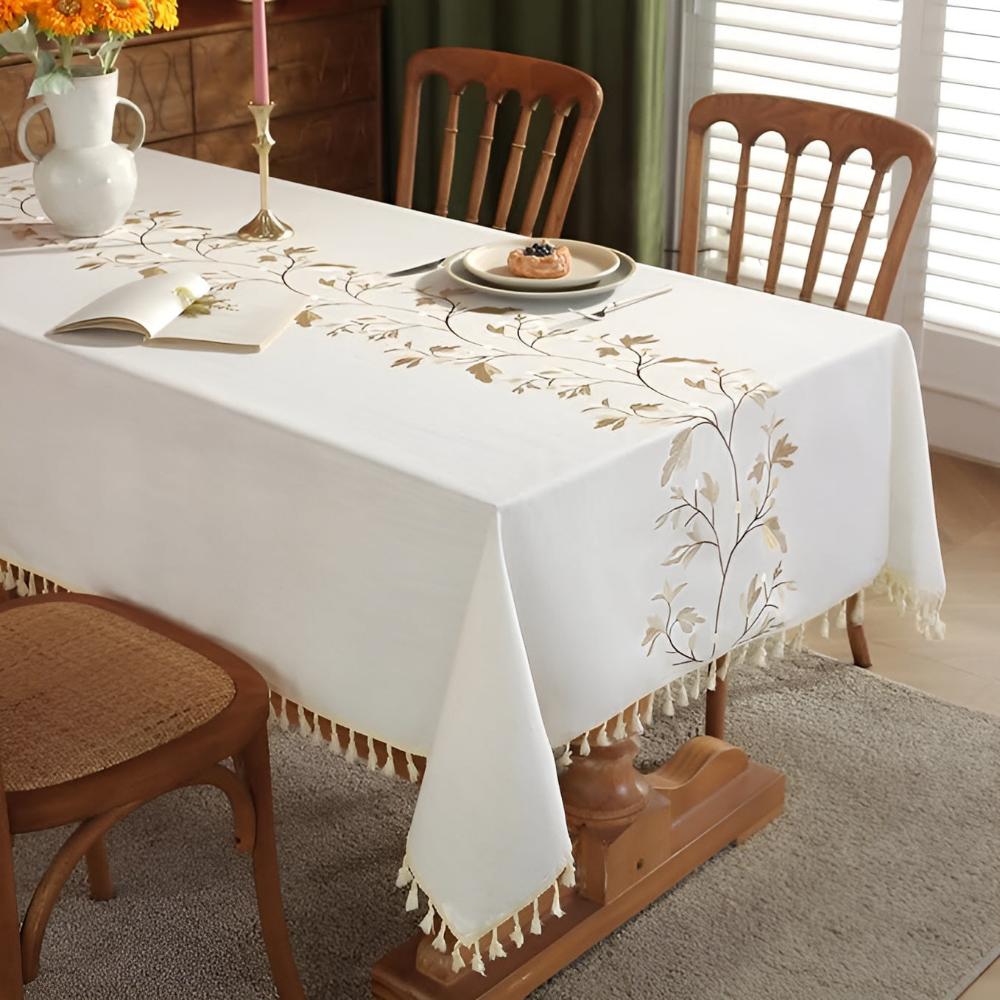 Embroidered Floral Cotton-Linen Tablecloth with Tassels