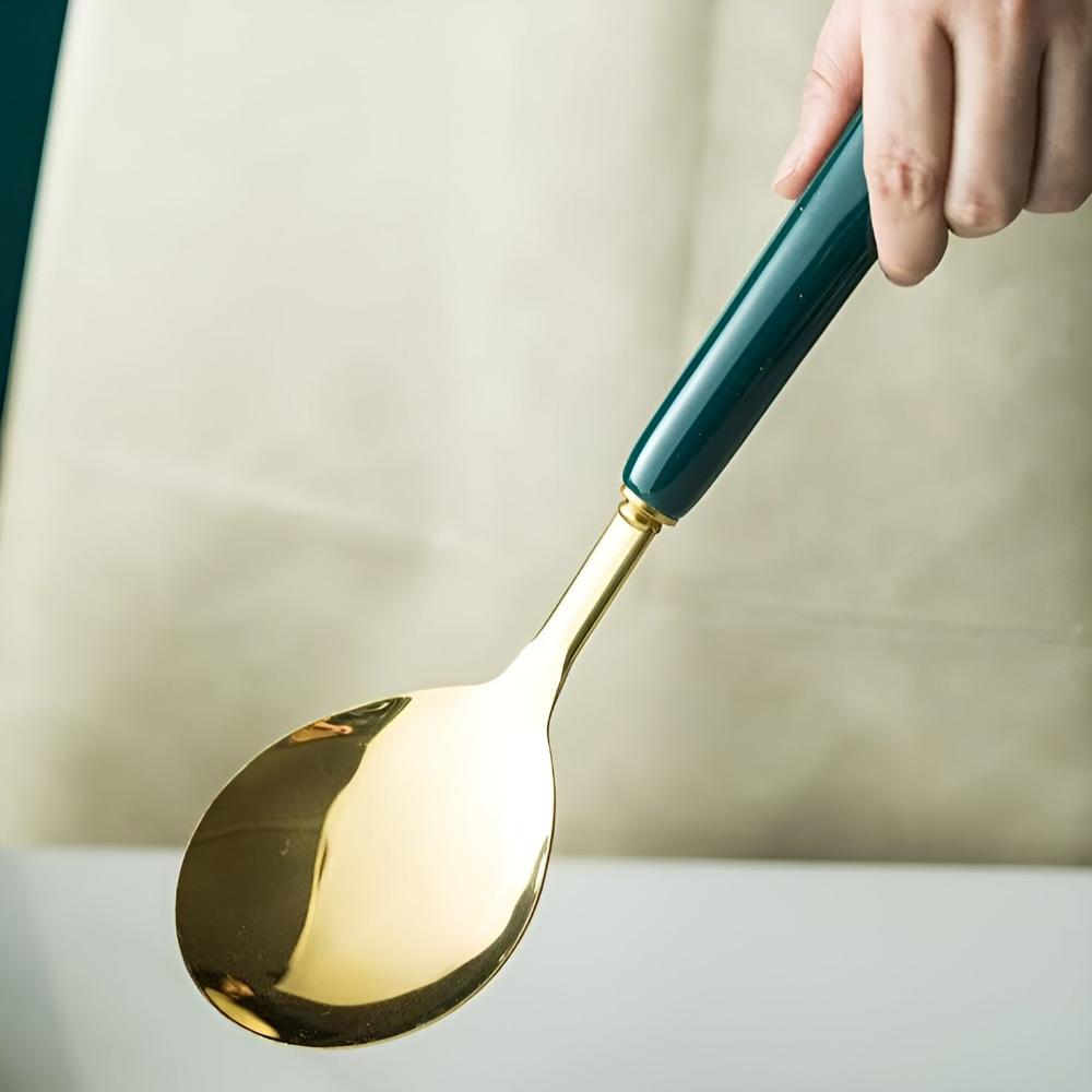 Golden Stainless Steel Utensil Set with Ergonomic Handles and Storage Rack
