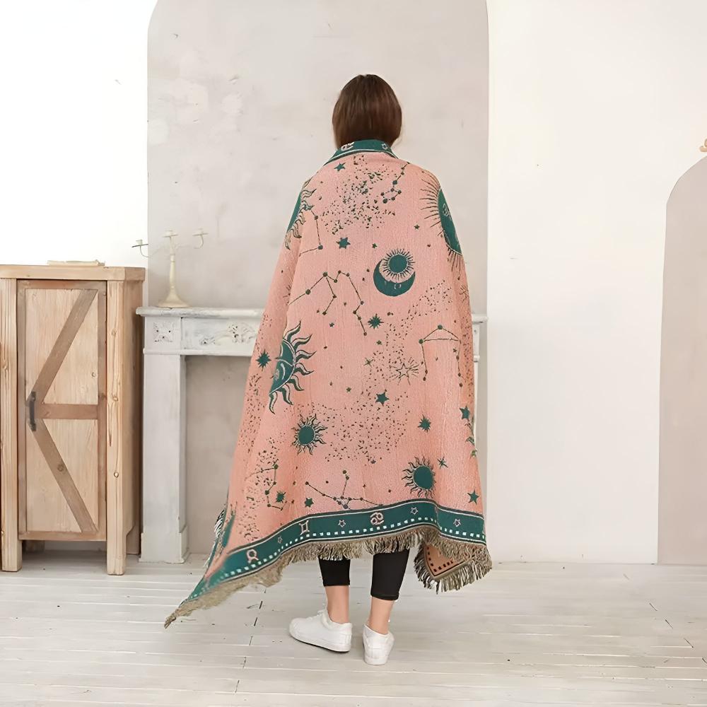 Reversible Sun Moon Stars Celestial Blanket with Tassels