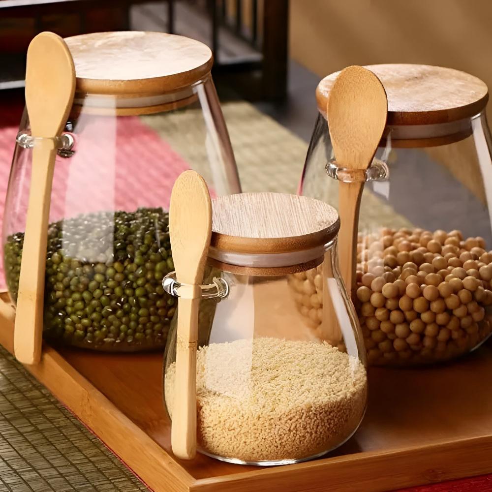 Airtight Glass Storage Jar with Wooden Lid and Spoon