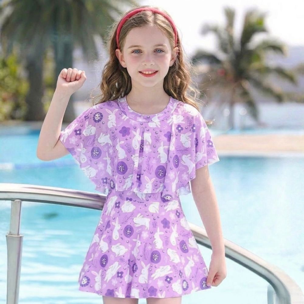 Girls' Quick-Drying Swimsuit Set with Skirt for Beach and Pool