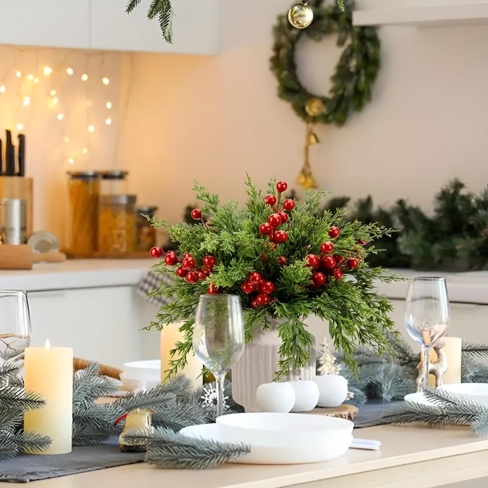 Lifelike Artificial Pine Branches with Red Berries