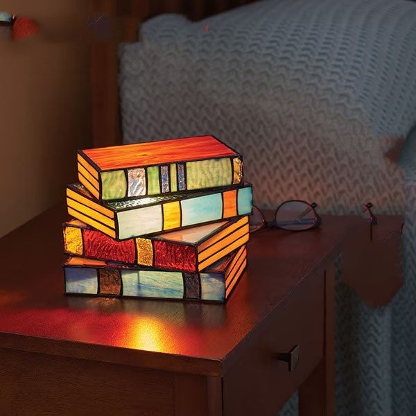 Stacked Books Table Lamp with Artisan Glass Panels