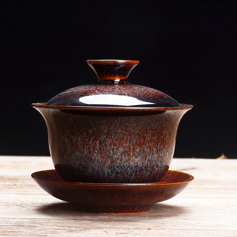 Vintage Ceramic Gaiwan Tea Cup and Saucer Set with Lid