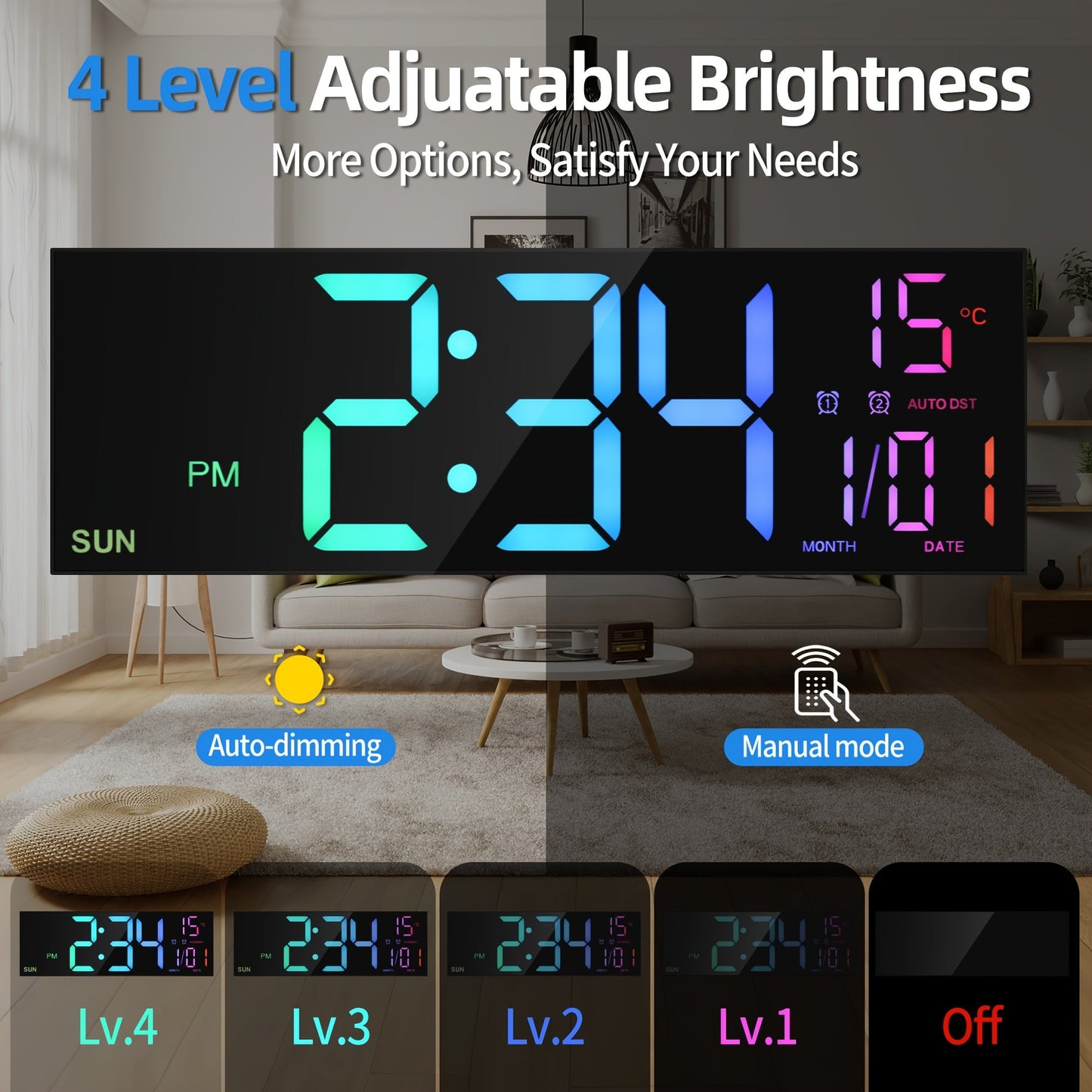 16-Inch RGB Digital Wall Clock with Remote Control and Auto Brightness