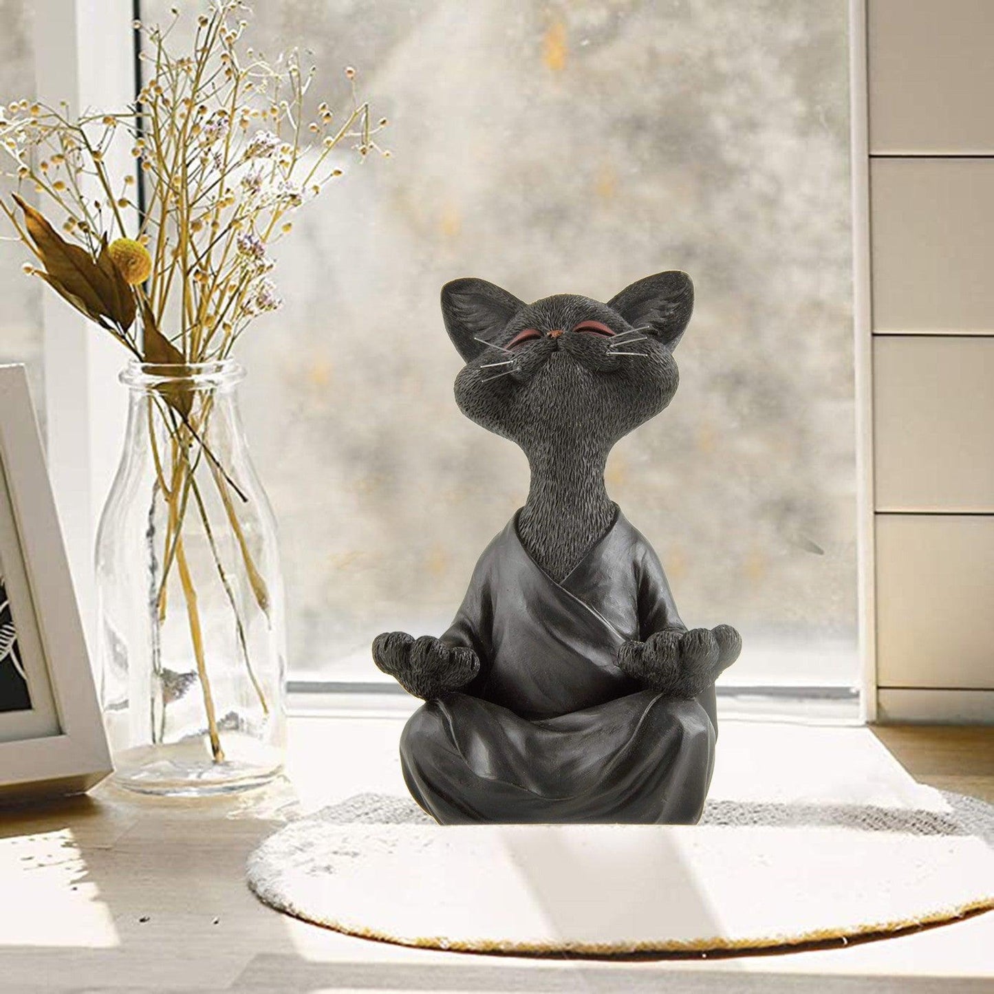 Black Buddha Cat Figure for Meditation and Yoga Decor