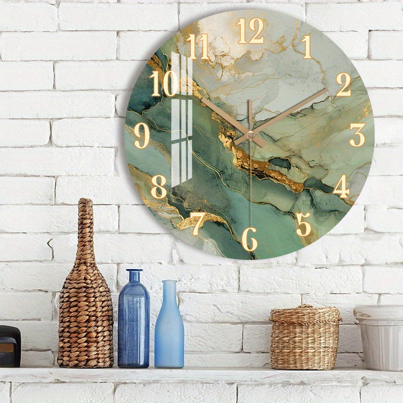 Abstract Marble Wall Clock with Gold Accents - Silent Wooden Round Design
