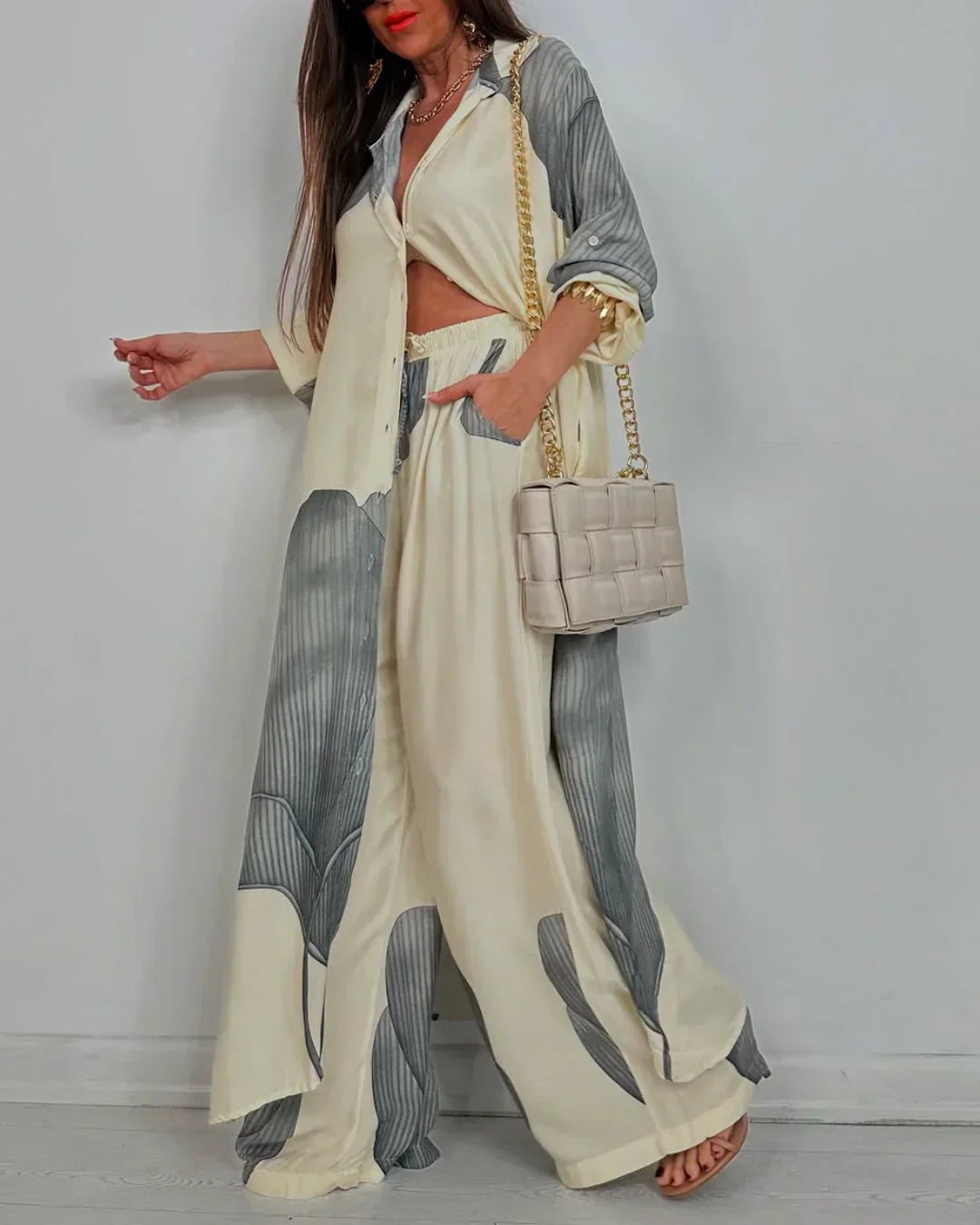 Skye - Trendy Patchwork Printed Top & Wide Leg Pants Set