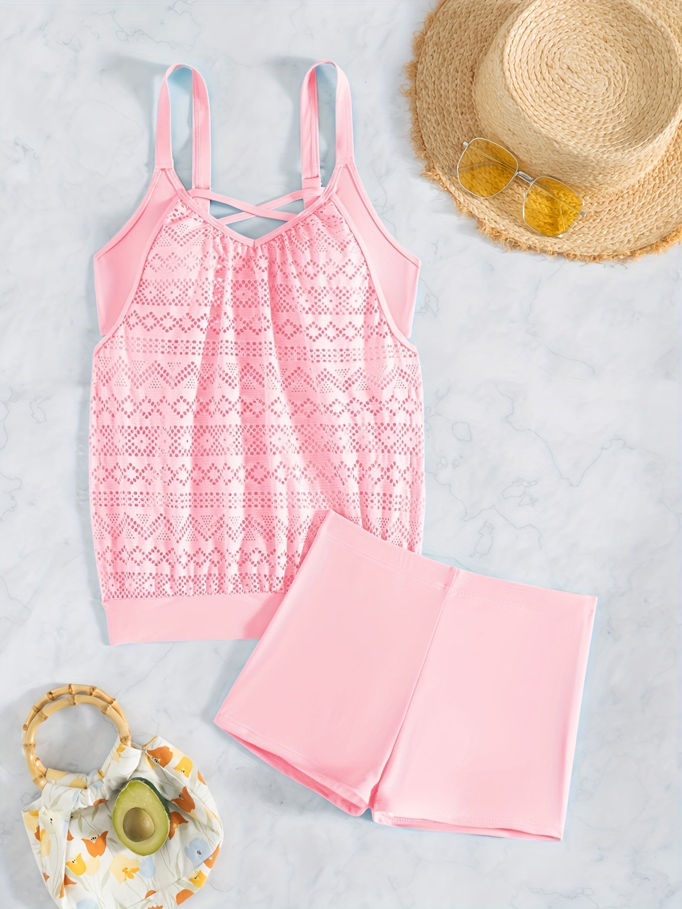 Lace Pattern Women's Tankini with Crisscross Straps