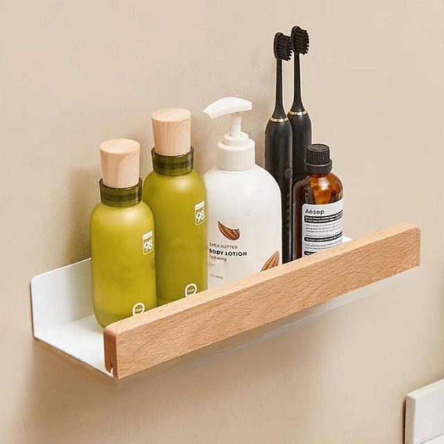 Solid Wood Bathroom Shelf Organizer - No Drill Installation