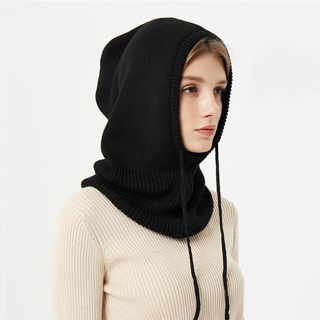 Hooded Winter Knit Beanie with Adjustable Drawstrings