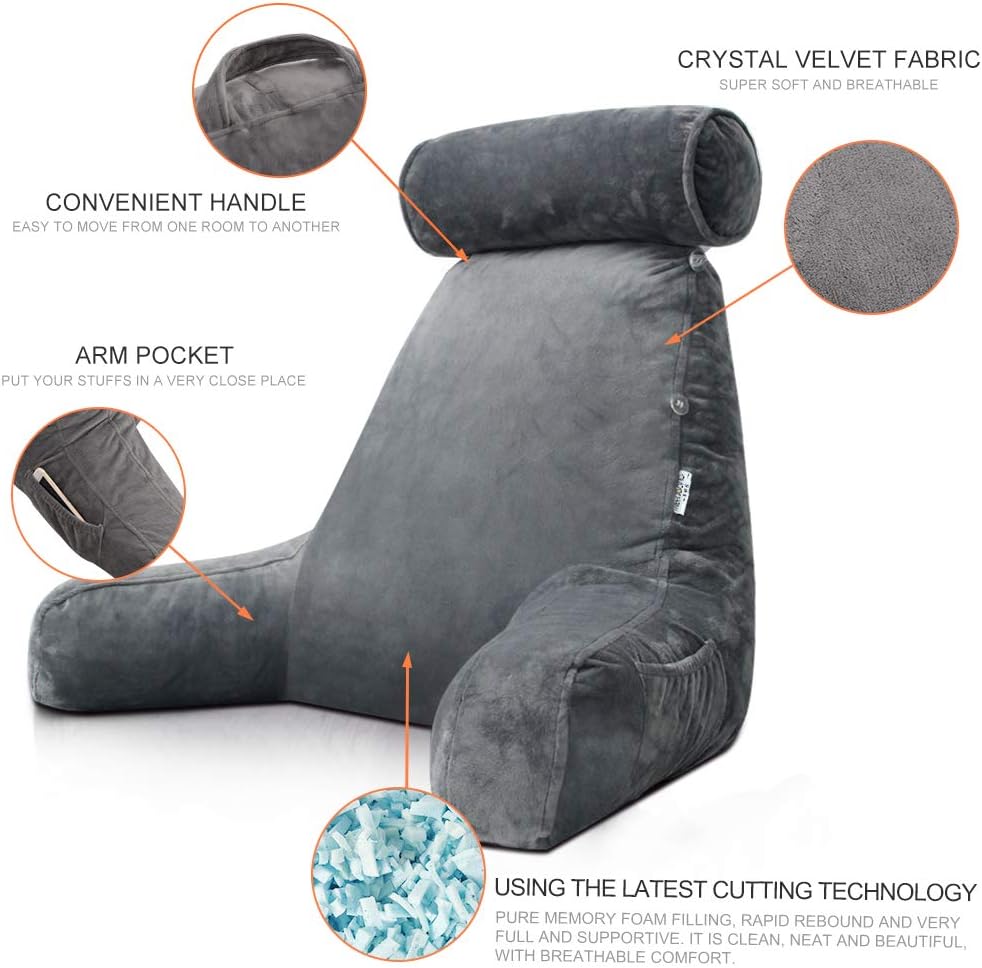 Adjustable Reading Bed Pillow with Arms and Side Pocket
