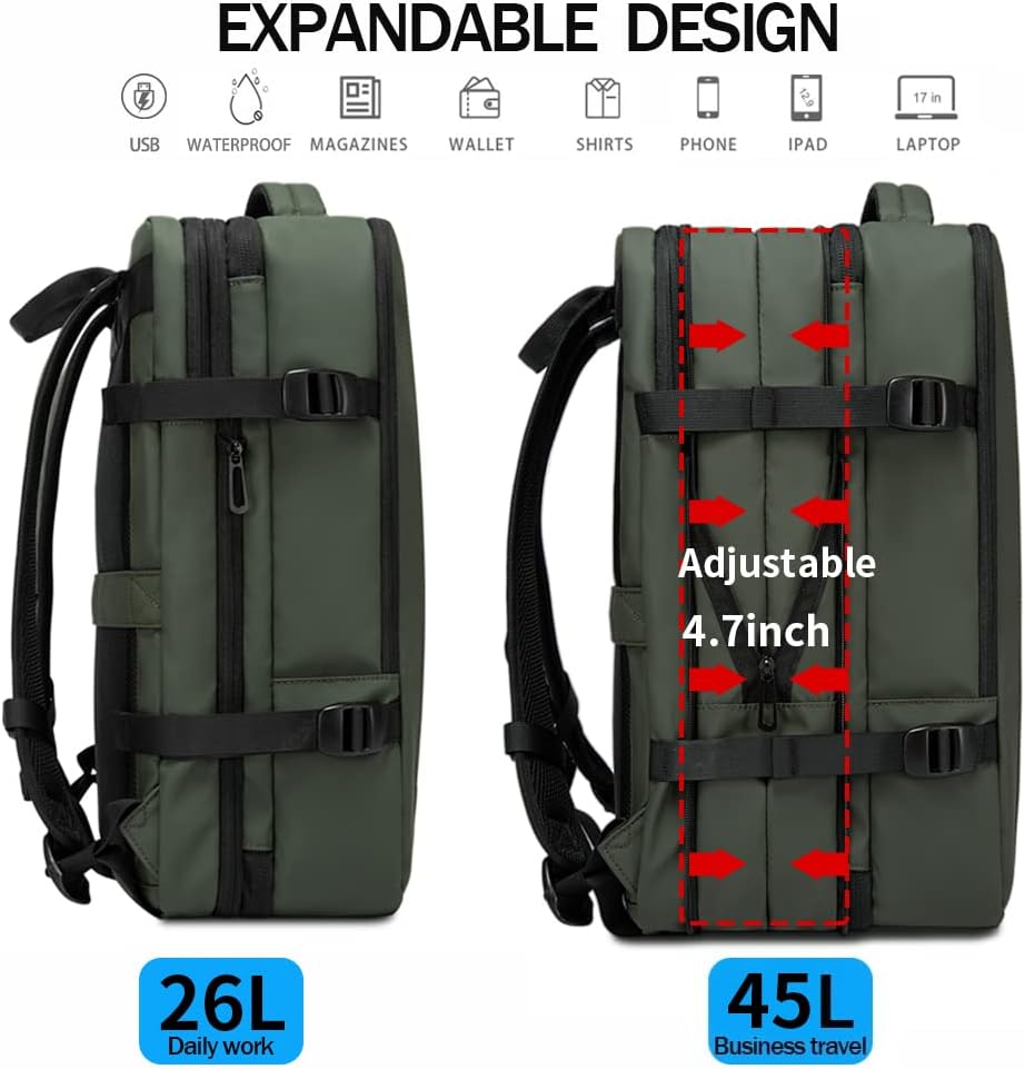 Expandable Waterproof Travel Backpack 26-45L with Laptop Sleeve and Duffle Carry