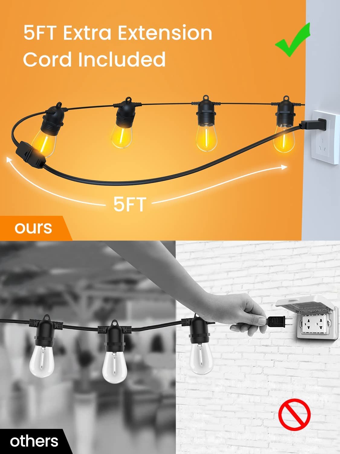 53FT Outdoor LED String Lights with 15 Dimmable Bulbs, IP65 Waterproof Garden Lights for Patio and Party