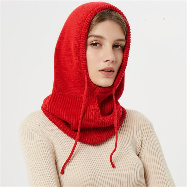 Hooded Winter Knit Beanie with Adjustable Drawstrings