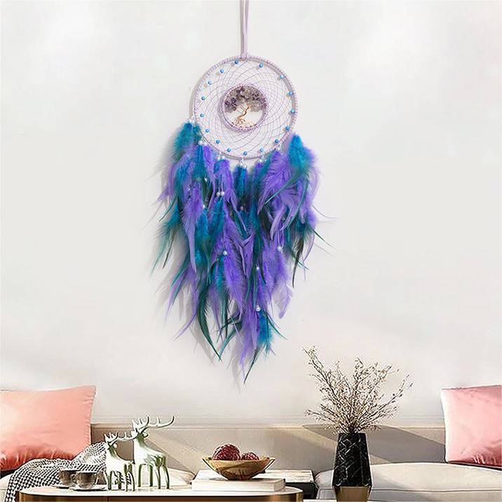 Crystal Tree of Life Dreamcatcher with Feather and Natural Stones