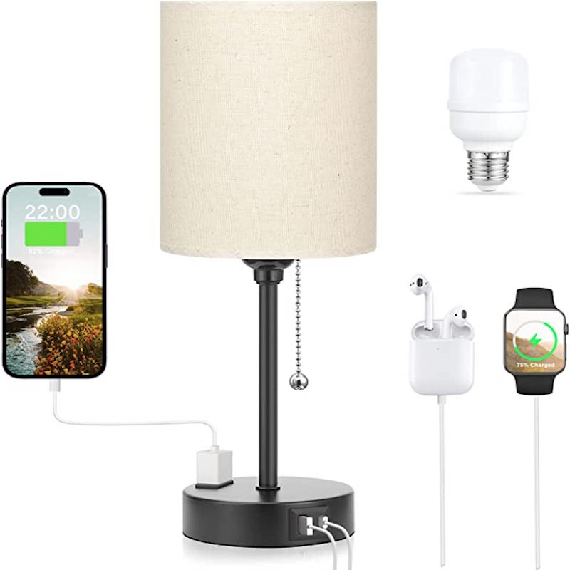 Elegant Linen Table Lamp with Smart Charging and Adjustable Color Temperatures
