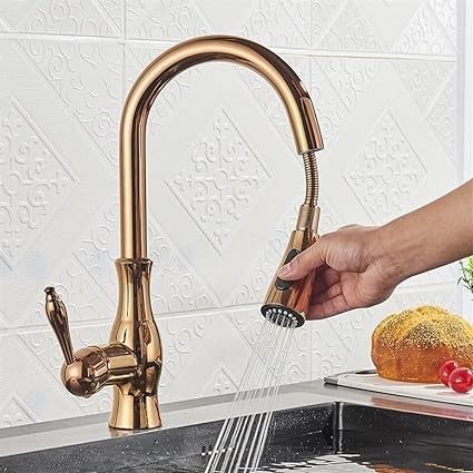 Brass Pull-Out Kitchen Faucet with 360° Rotation and Single Handle