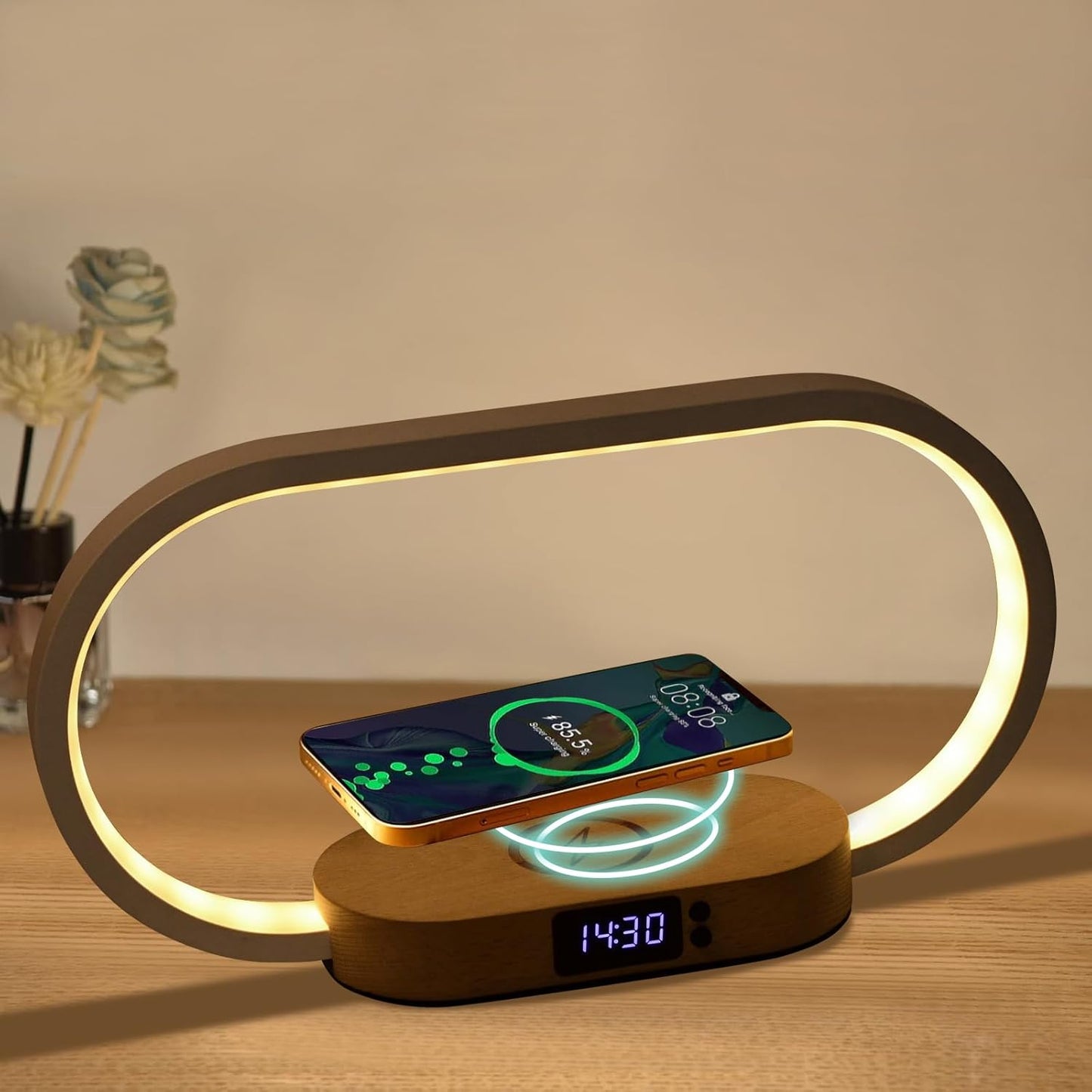 Wireless Charging Bedside Lamp with Clock and Touch Control