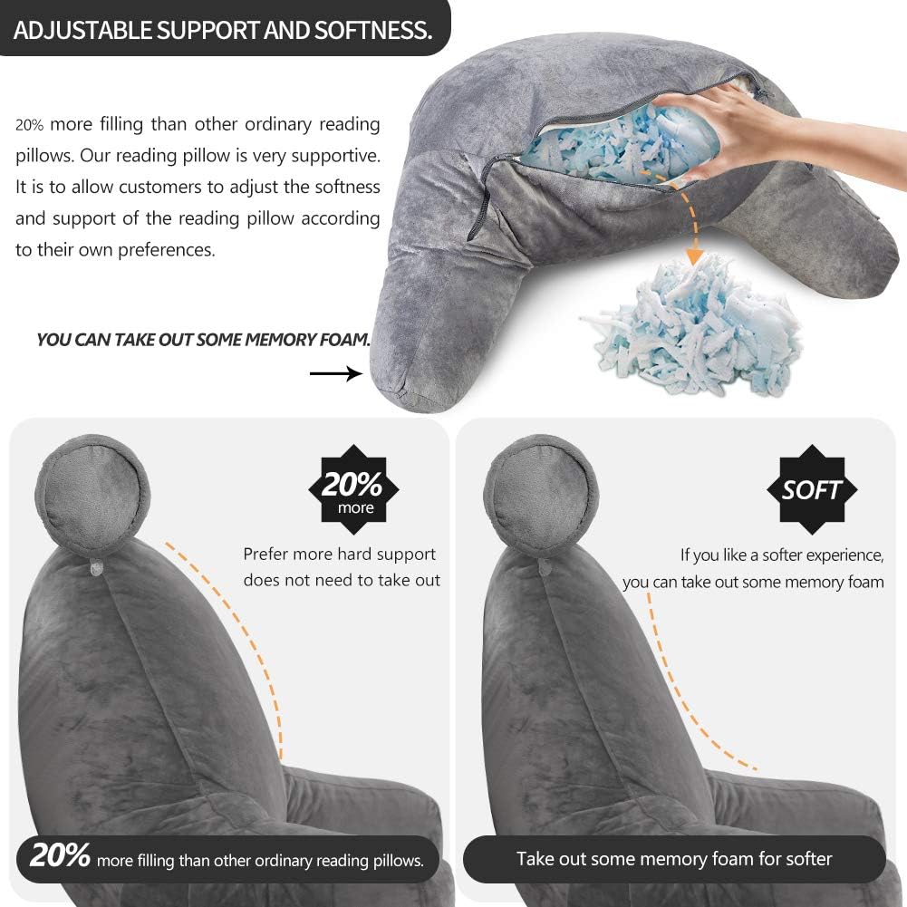 Adjustable Reading Bed Pillow with Arms and Side Pocket