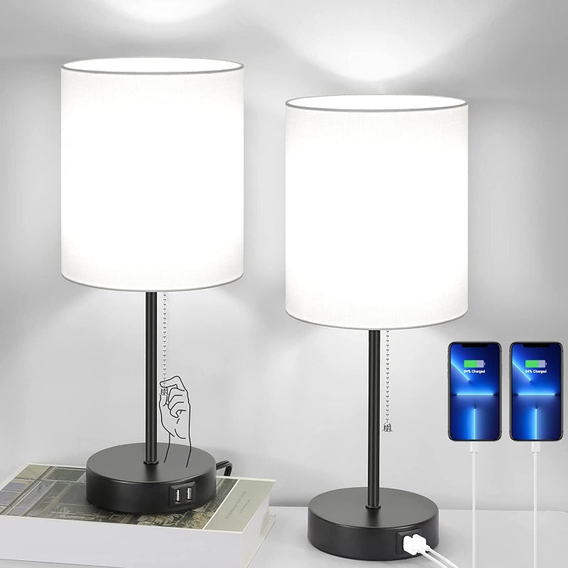 Gray Table Lamps Set of 2 with USB Ports and AC Outlet, Modern Minimalist Design