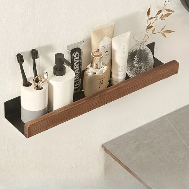 Solid Wood Bathroom Shelf Organizer - No Drill Installation