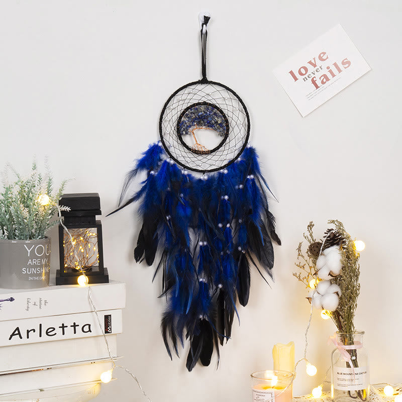 Crystal Tree of Life Dreamcatcher with Feather and Natural Stones