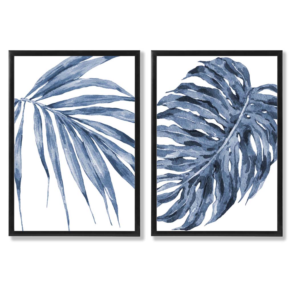 Blue Monstera Papyrus Watercolor Art Prints, Framed Set of 2