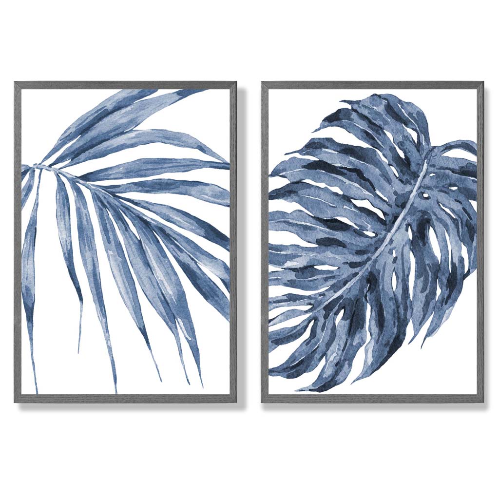 Blue Monstera Papyrus Watercolor Art Prints, Framed Set of 2