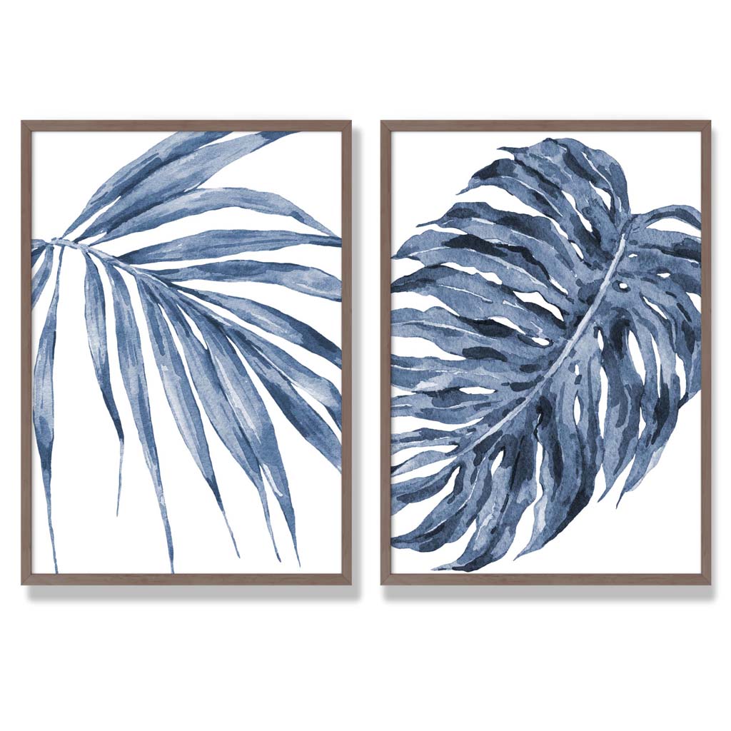 Blue Monstera Papyrus Watercolor Art Prints, Framed Set of 2