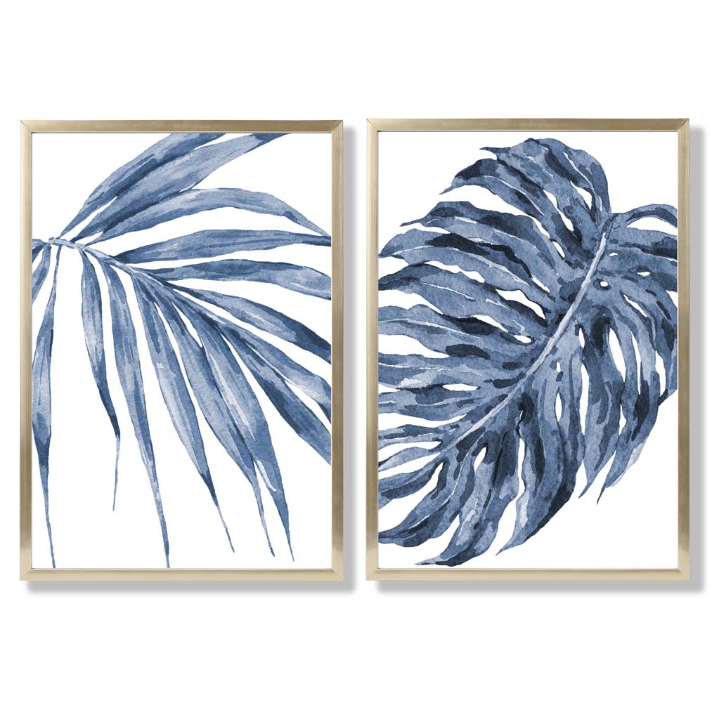 Blue Monstera Papyrus Watercolor Art Prints, Framed Set of 2