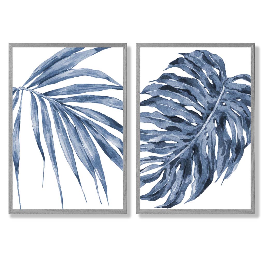 Blue Monstera Papyrus Watercolor Art Prints, Framed Set of 2