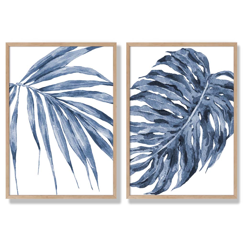Blue Monstera Papyrus Watercolor Art Prints, Framed Set of 2