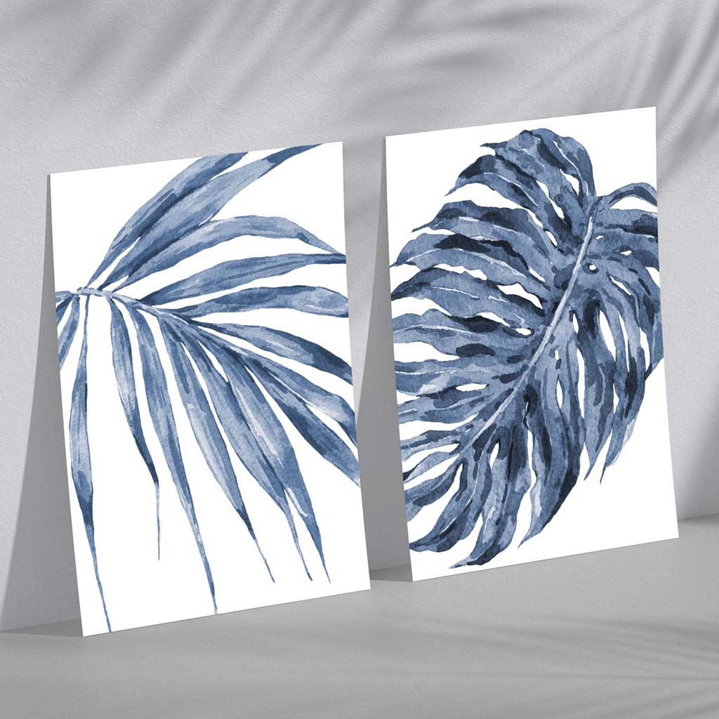 Blue Monstera Papyrus Watercolor Art Prints, Framed Set of 2