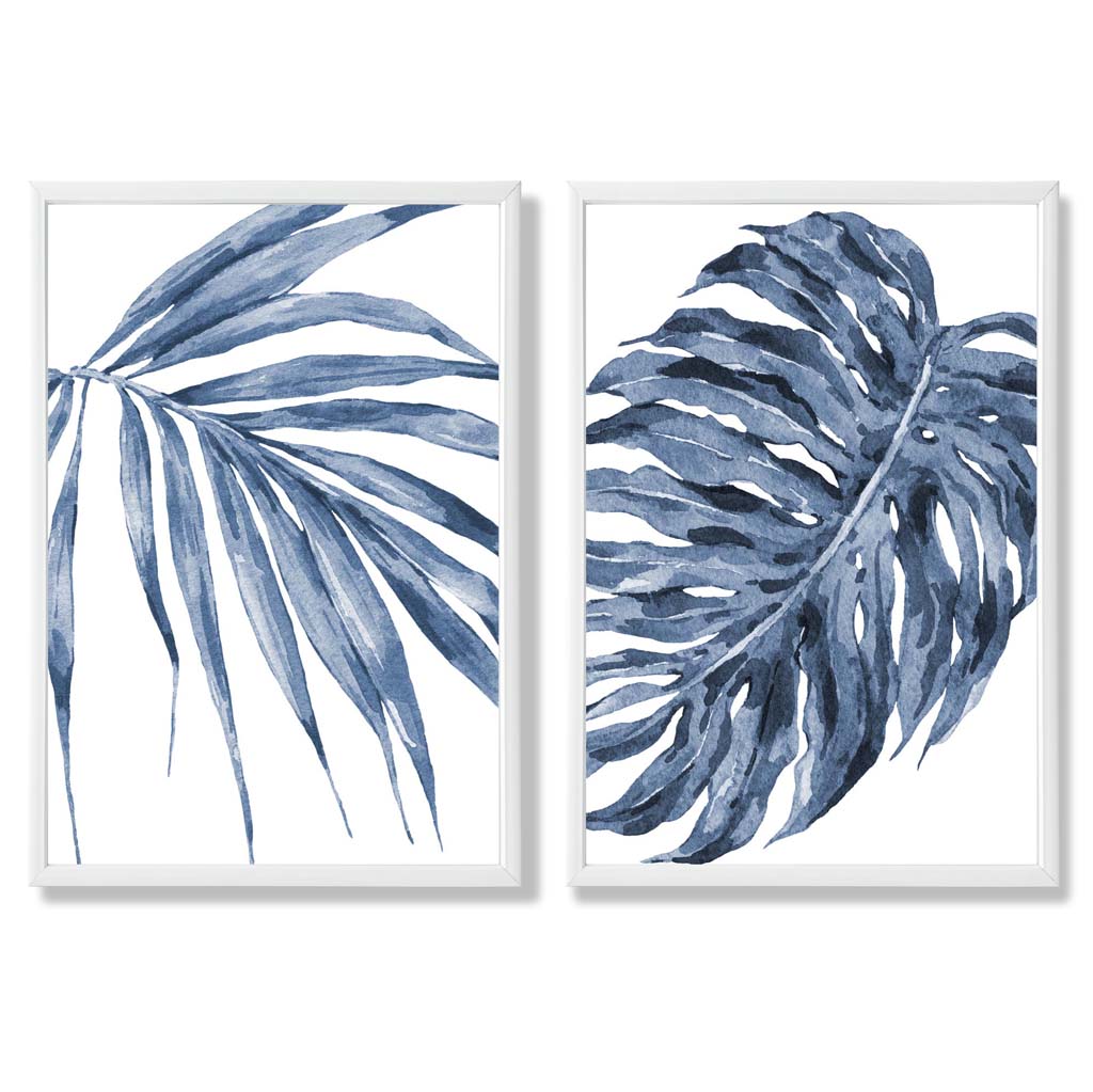 Blue Monstera Papyrus Watercolor Art Prints, Framed Set of 2