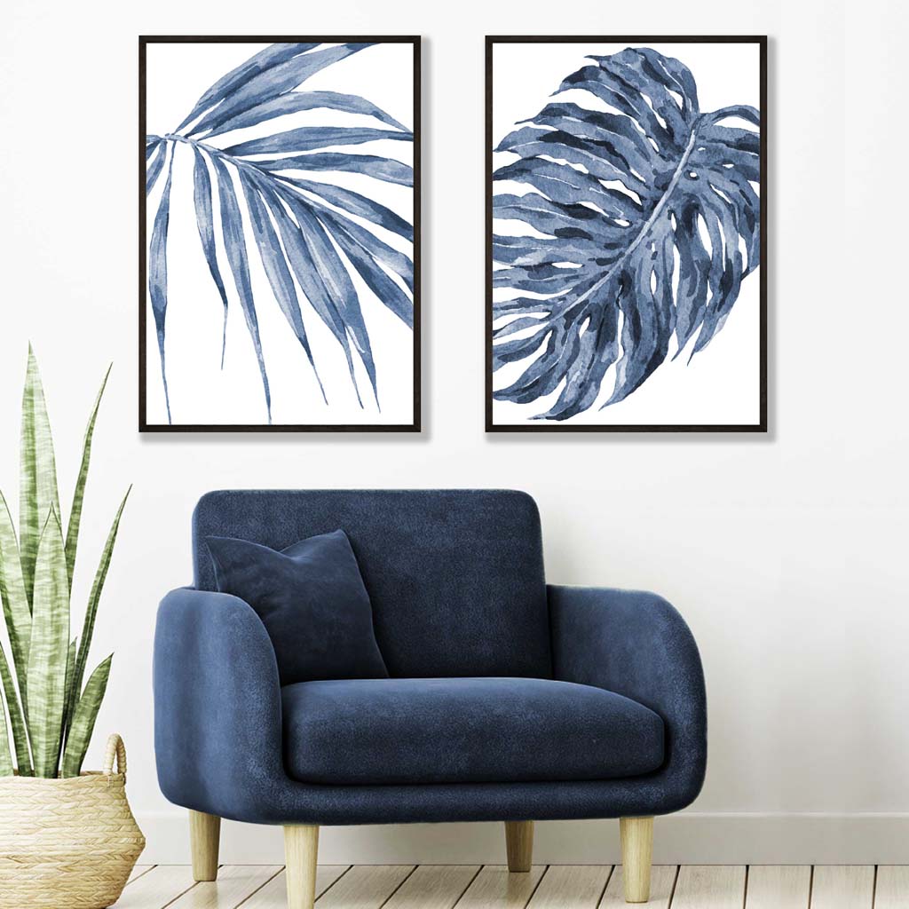 Blue Monstera Papyrus Watercolor Art Prints, Framed Set of 2
