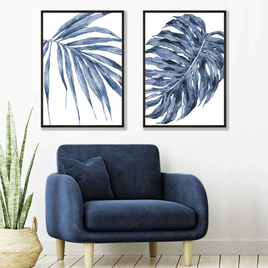 Blue Monstera Papyrus Watercolor Art Prints, Framed Set of 2