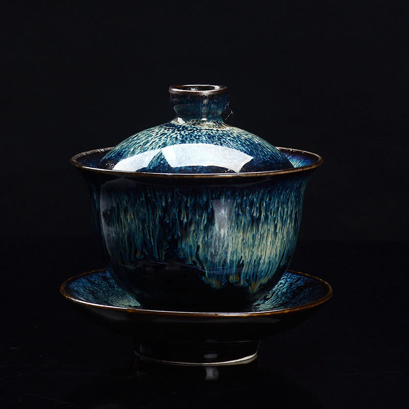 Vintage Ceramic Gaiwan Tea Cup and Saucer Set with Lid