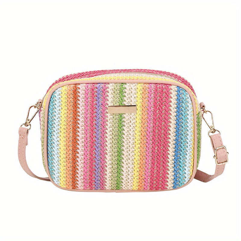Woven Striped Shoulder Bag for Women with Zipper Closure